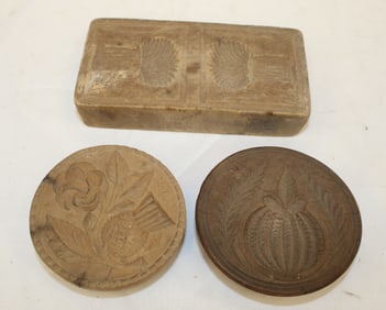 Lot of 3 wooden butter presses (no handles) - 5 1/2"x2 1/2" & 3 1/2" diam