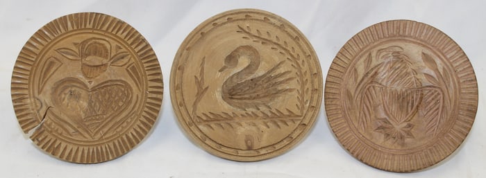 Lot of 3 wooden lollipop handled butter stamps - 4" & 4 1/4" diam