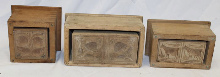 Lot of 3 plunger wooden handled butter molds - 4"x4", 7"x4" & 3 1/2" x5 1/2"