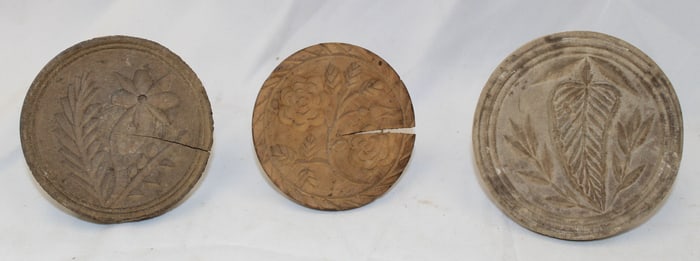 Lot of 3 wooden lollipop handled butter stamps - 3 1/4", 3 1/2" & 4" diam