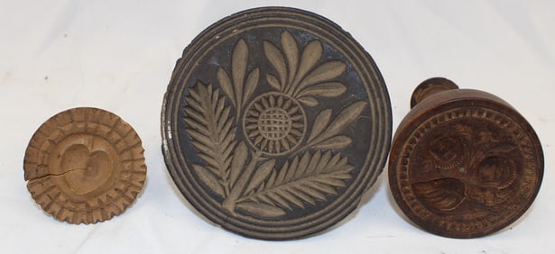 Lot of 3 wooden lollipop handled butter stamps - 2", 2 1/2" & 4" diam