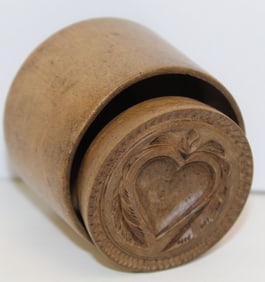 Antique wooden plunger butter mold w heart motif - 2” diam