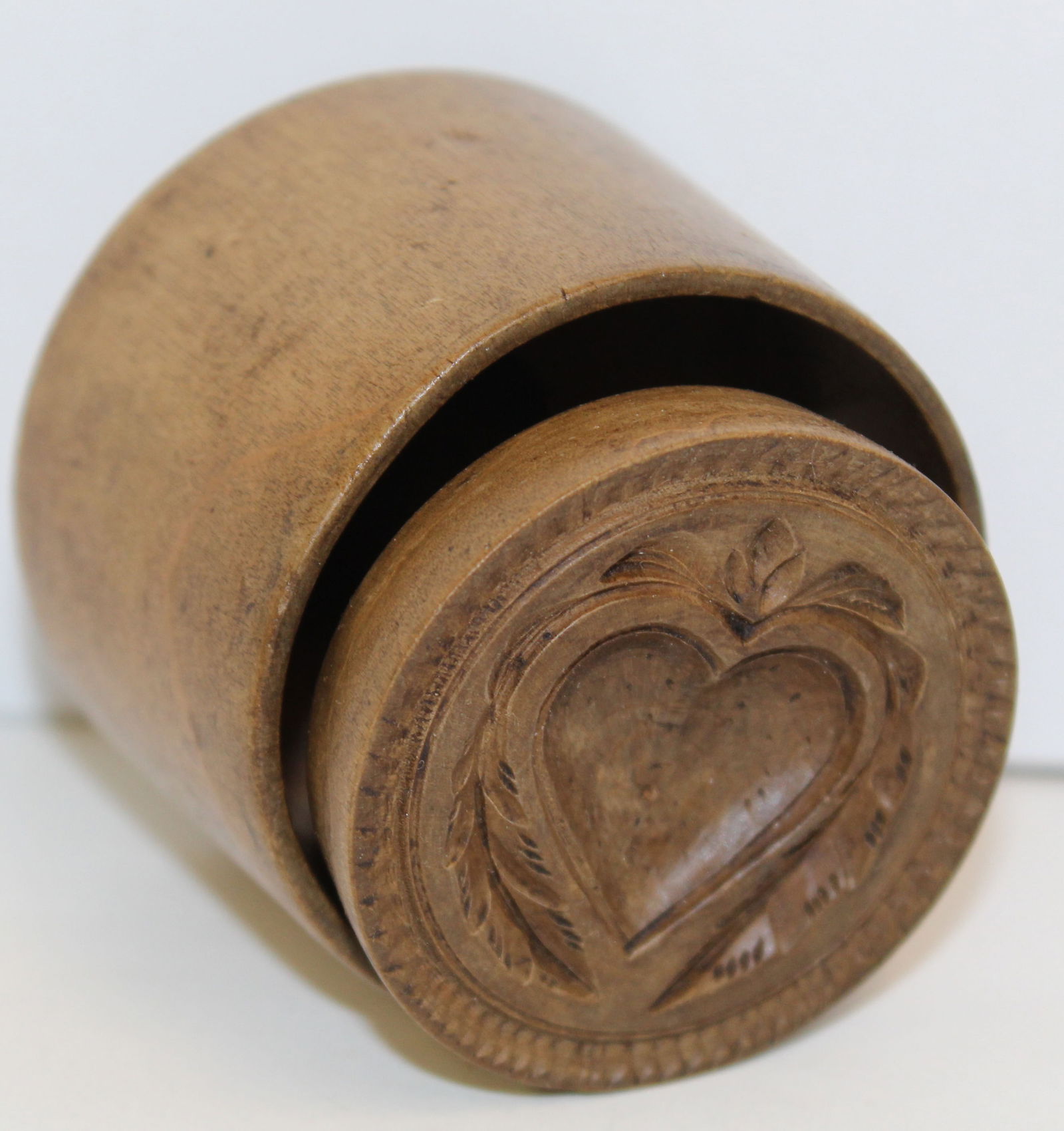 Antique wooden plunger butter mold w heart motif - 2” diam (1 of 3)
