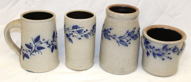 Lot of 4 Salmon Falls cobalt dec contemporary stoneware items - 4 1/4" - 7 3/4" tall