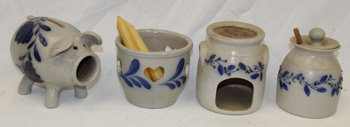 Lot of 4 Salmon Falls cobalt dec contemporary stoneware items incl piggy bank, candle warmers &