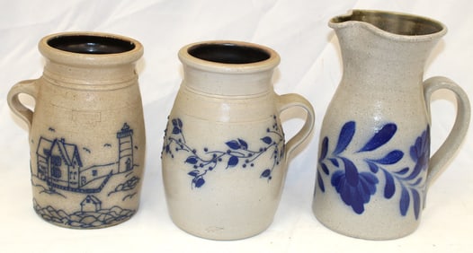 Lot of 3 Salmon Falls cobalt dec contemporary stoneware pitchers - 7 1/2", 8" & 9" tall