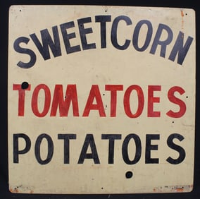 Vintage painted metal sign "Sweet Corn Tomatoes Potatoes" - 36"x36"