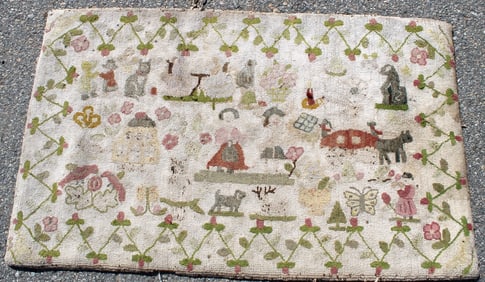 Antique folk art graphic pictoral hooked rug w dogs, cats, people, flowers, carriage etc - 30"x48"