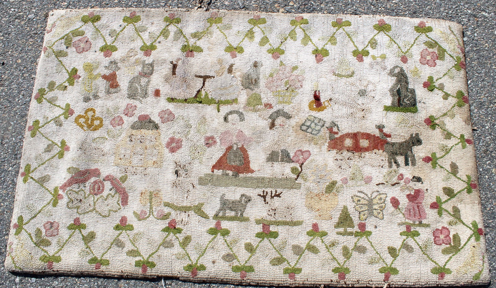 Antique folk art graphic pictoral hooked rug w dogs, cats, people, flowers, carriage etc - 30"x48" (1 of 7)