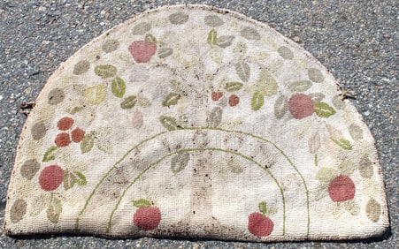 Antique folk art graphic pictoral hooked rug w apple tree, apples, etc - 24"x36"