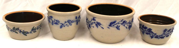 Lot of 4 Salmon Falls cobalt dec contemporary stoneware crocks/bowls - 3 3/4" tall - 6" tall & 5