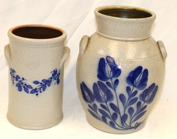Lot of 2 Salmon Falls cobalt dec contemporary stoneware jar/wine cooler - 11" & 9" tall