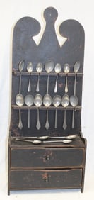 Antique style contemporary wooden spoon rack w drawers & spoons - 35" tall x 15" wide x 5 1/2" deep