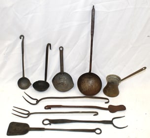 group of iron cooking instruments incl ladles, forks, spatulas & a brass pouring instrument - 8"-18"