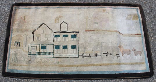 Antique pictoral hooked rug w farmhouse & animals - 28"x52"