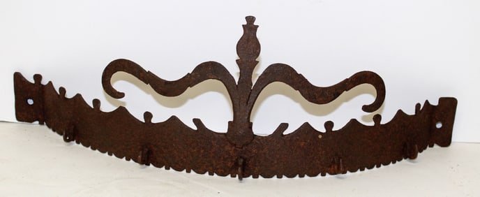 Forged iron curved implement rack w pineapple "hospitality" finial - 6" tall x 18" wide