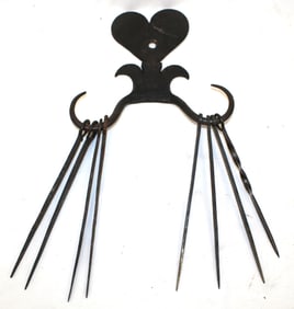 Antique style forged iron wall hanging skewer set w heart motif - 7" tall x 8" wide holder - skewers