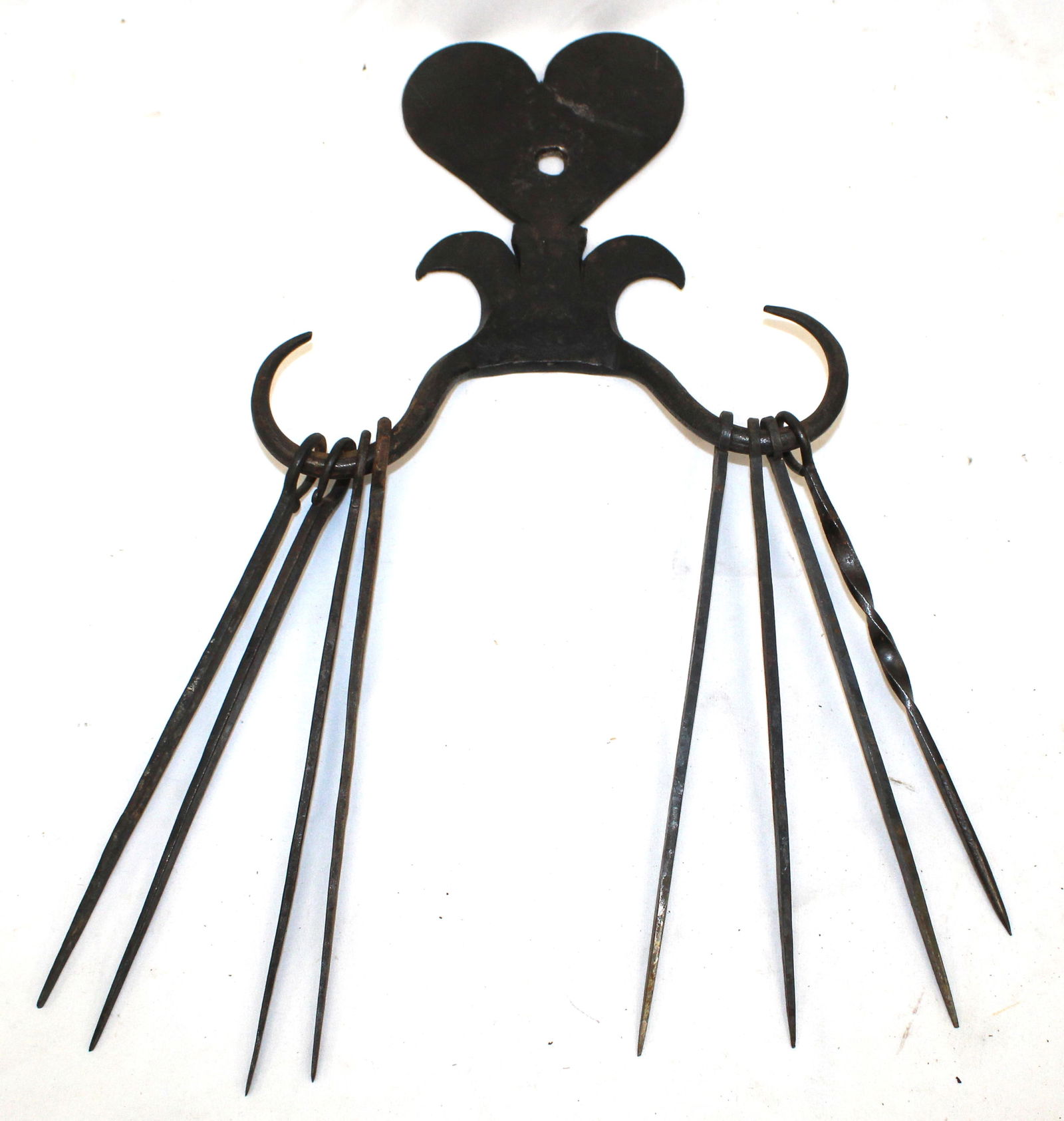 Antique style forged iron wall hanging skewer set w heart motif - 7" tall x 8" wide holder - skewers (1 of 4)