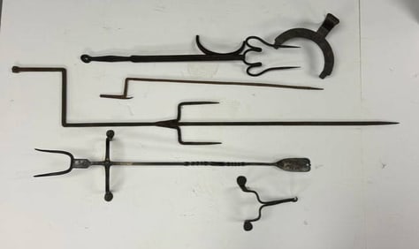 Antique & antique style iron lot incl spits, forks, pot rests, etc - 22"-35" long & 4"x6" pot rests