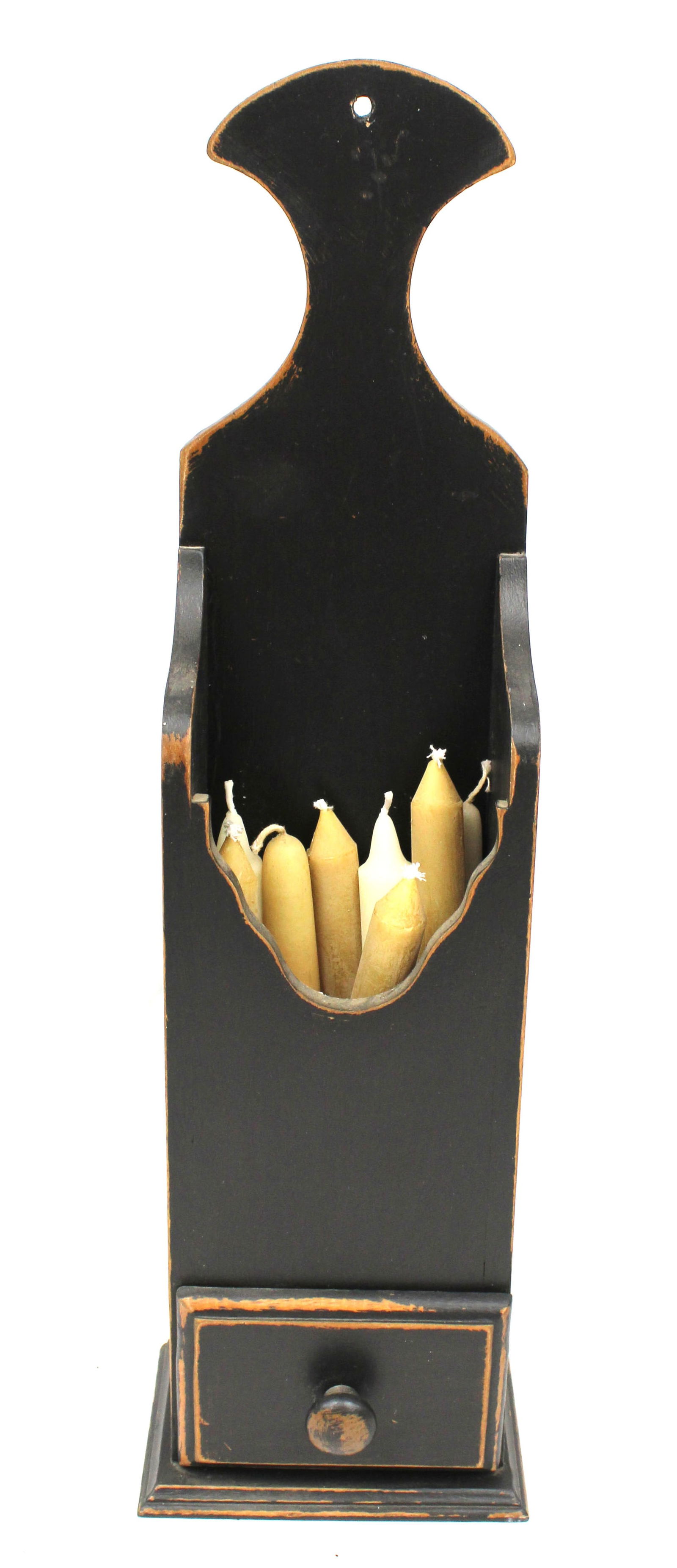 Antique style 1 drawer candle wall box in green paint - 19" tall x 5 1/2" wide x 4" deep (1 of 3)