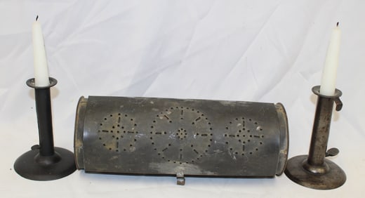 Pair of antique tin hogscrapers candlesticks plus a punched tin wall candlebox - 5 1/2" tall