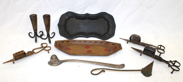 Lot of candle snips, snuffers, iron candlesticks & 2 tole trays - 4" candlesticks
