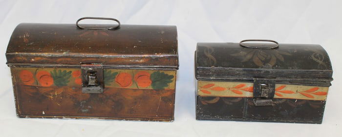 Lot of 2 toleware dometop document boxes - 4 1/2" tall x 8 1/2"x3 1/2" & 3 1/2" tall x 7"x3"