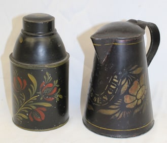 Lot of 2 toleware - tea cannister & teapot - 5 1/2" & 6" tall