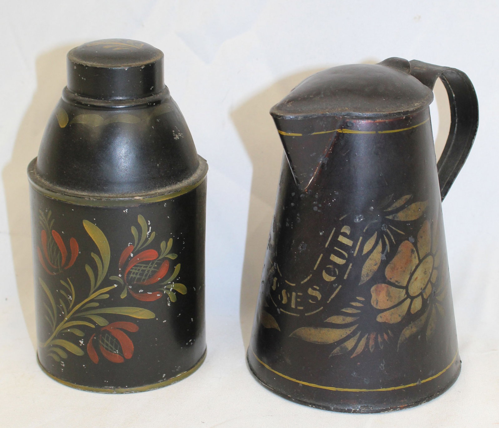 Lot of 2 toleware - tea cannister & teapot - 5 1/2" & 6" tall: Lot of 2 toleware - tea cannister & teapot - 5 1/2" & 6" tall