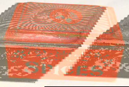 Antique red toleware "Spices" tin w interior round tole cannisters - 4" tall x 8"x6"