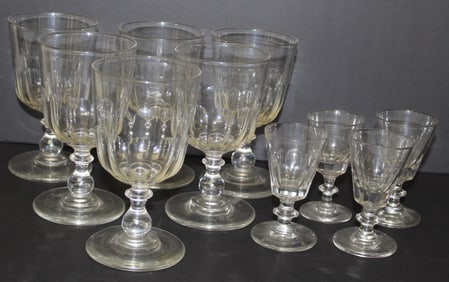 Lot of 10 blown molded & cut wine glasses/goblets - set of 6 probably Pittsburg Glass 6" tall and