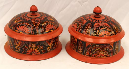 Pair of paint decorated Scandinavian round covered boxes - 7" tall x 7 1/2" diam