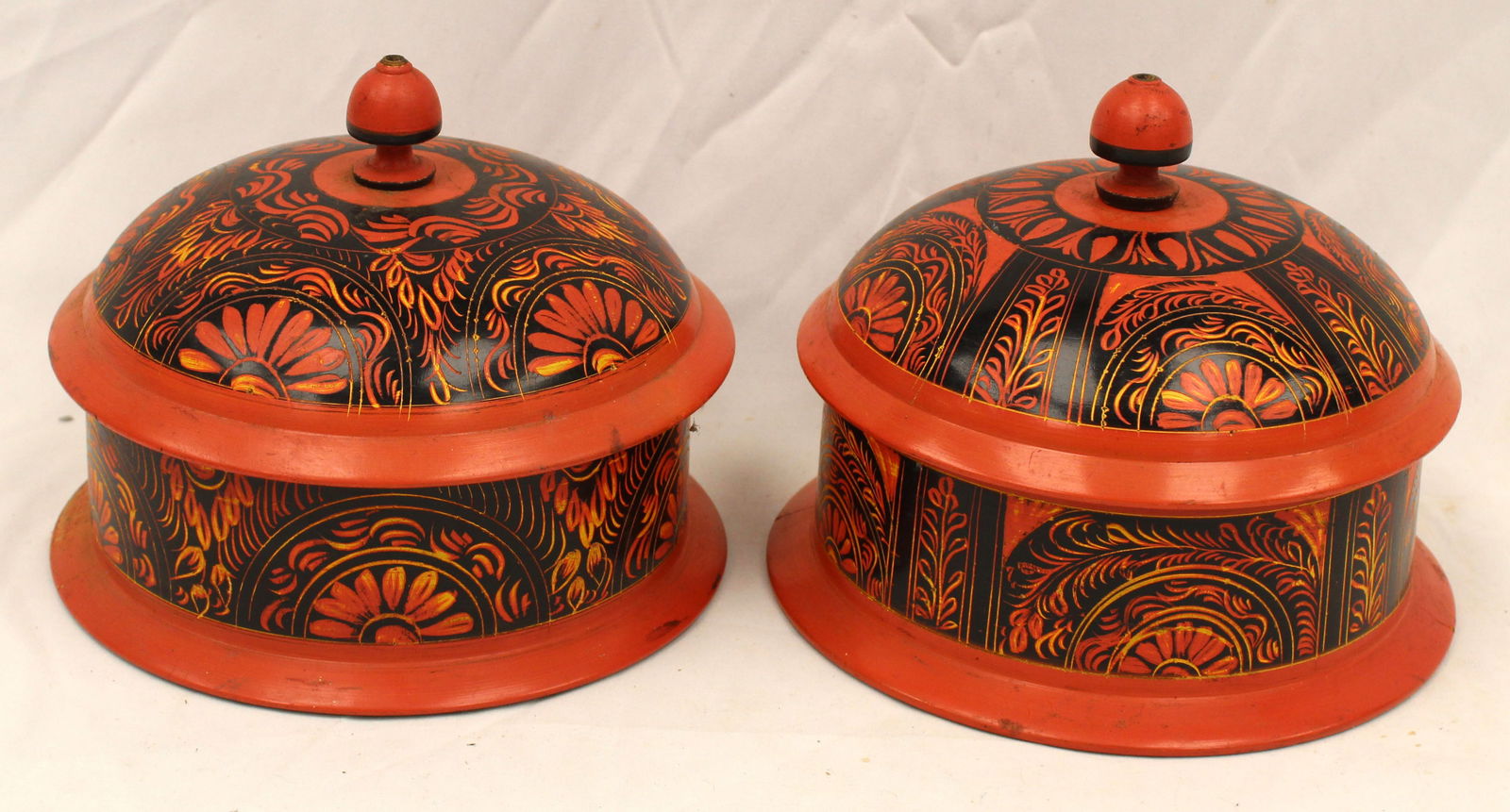 Pair of paint decorated Scandinavian round covered boxes - 7" tall x 7 1/2" diam (1 of 7)