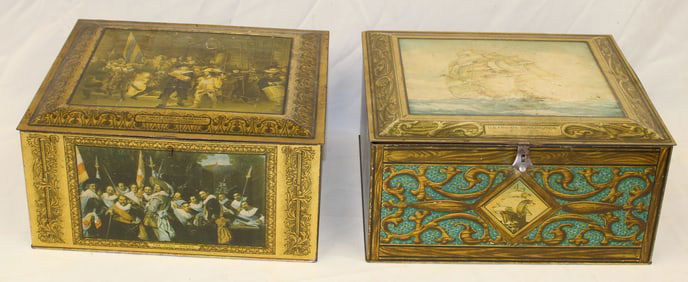 Lot of 2 tin square boxes with transfer scenic dec - 6" tall x 13"x11"