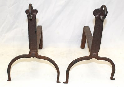 Pair of antique iron ring top andirons - 14" tall x 16" deep