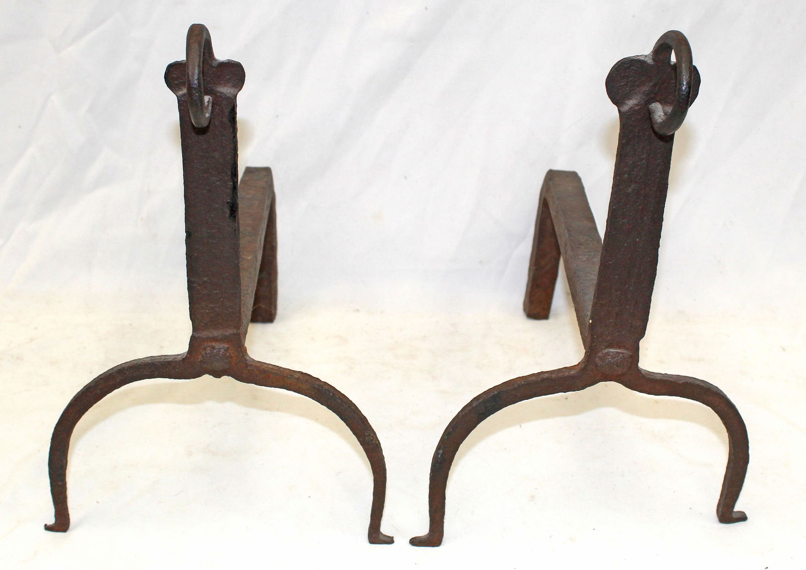 Pair of antique iron ring top andirons - 14" tall x 16" deep: Pair of antique iron ring top andirons - 14" tall x 16" deep