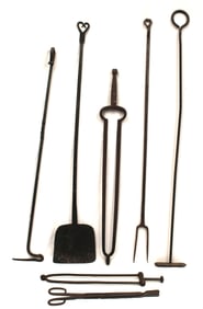 Lot of 7 iron fireplace tools - 14"-36" long