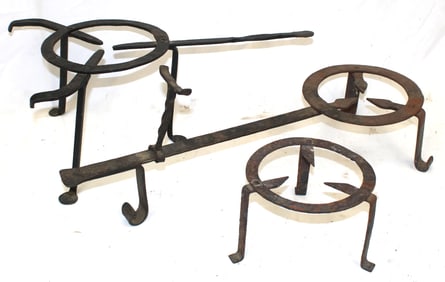 Lot of 3 iron fireplace trivets/pot stands - 8" tall x 19"x12", 5" tall x 24"x8" & 5" tall x 7"