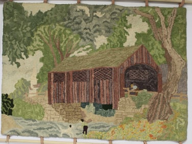 Vintage wall hanging pictoral hooked rug w mill, river & people - 25 1/2"x36"