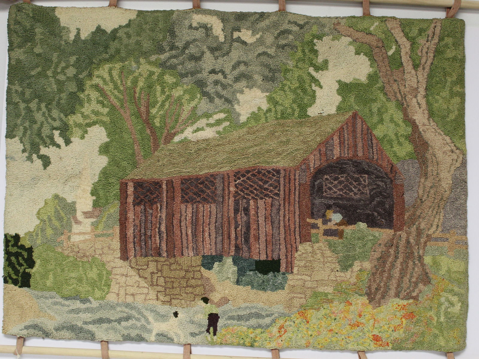 Vintage wall hanging pictoral hooked rug w mill, river & people - 25 1/2"x36" (1 of 7)