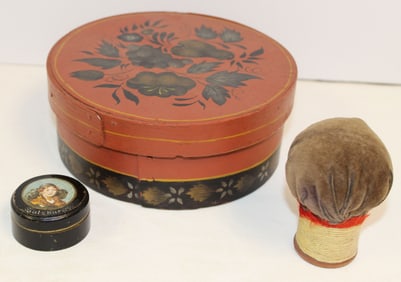 Paint decorated round pantry box w pin cushion & pill box - 7 1/2" diam, 3 1/2" tall & 2" diam
