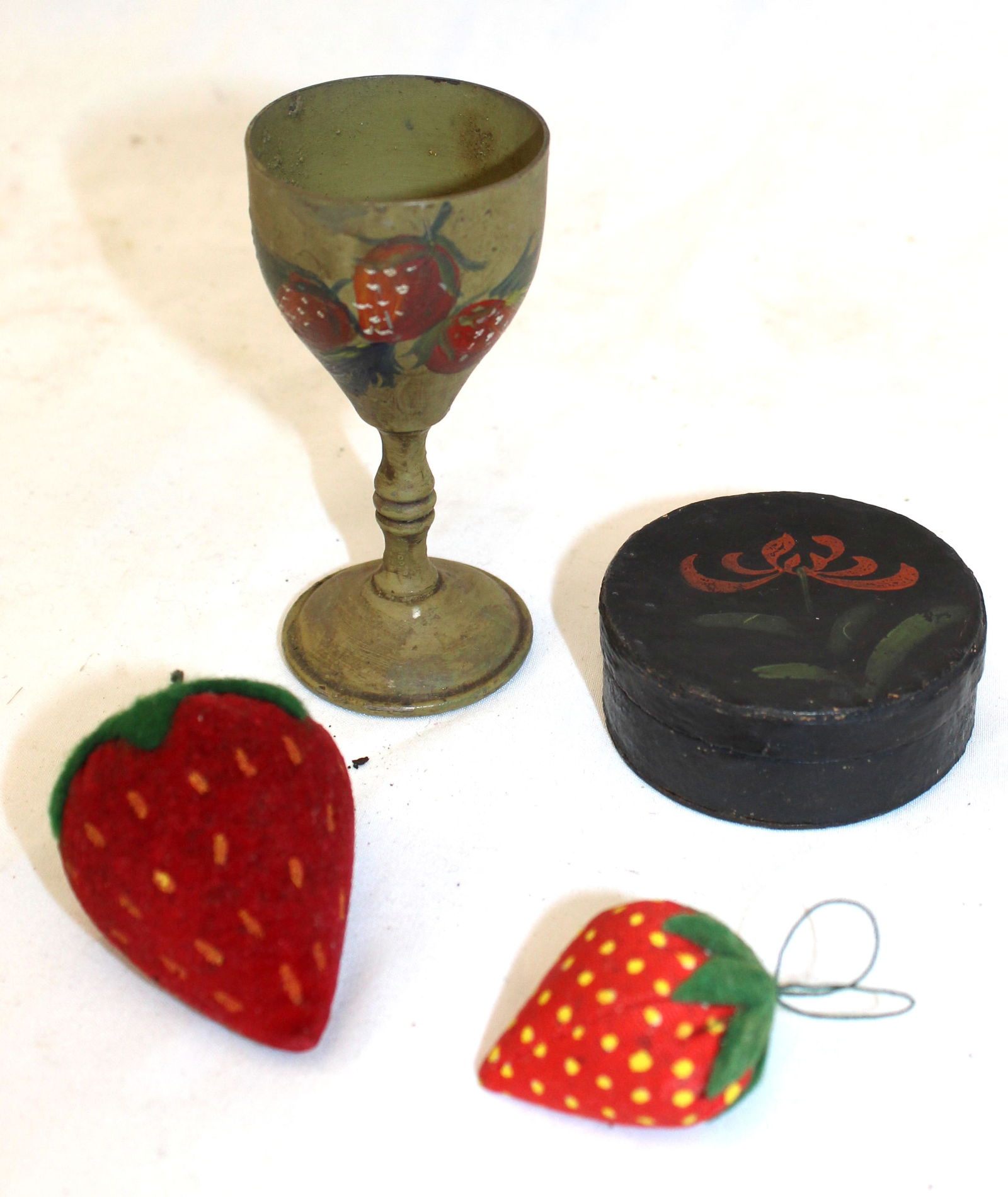 Wooden paint decorated egg cup, pill box & 2 strawberry's - 3" tall egg cup, 2 1/2" diam box: Wooden paint decorated egg cup, pill box & 2 strawberry's - 3" tall egg cup, 2 1/2" diam box