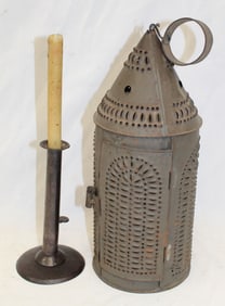 Antique iron push up hogscraper candlestick plus a punched tin lantern - 7 1/2" & 13" tall