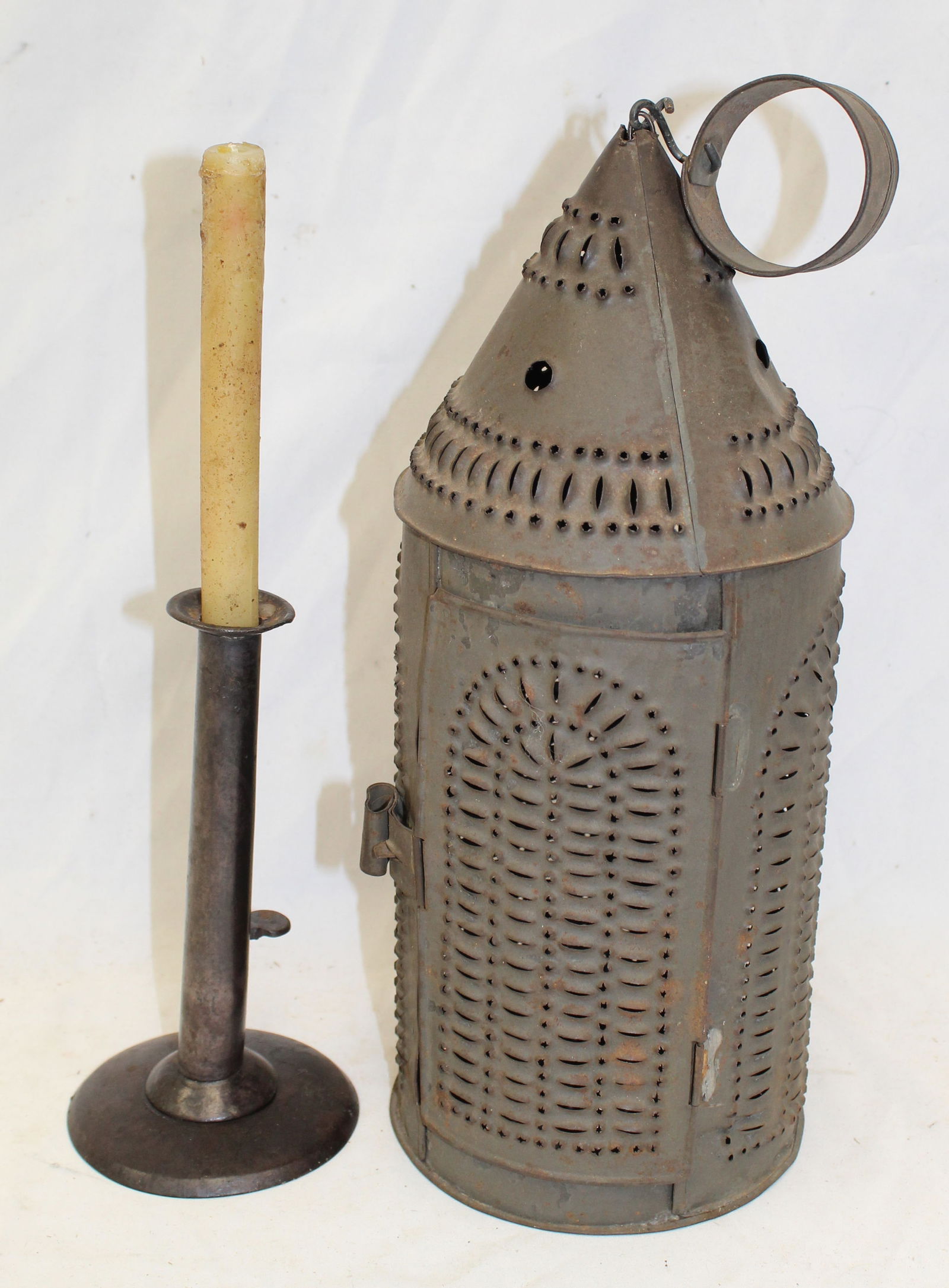 Antique iron push up hogscraper candlestick plus a punched tin lantern - 7 1/2" & 13" tall (1 of 10)