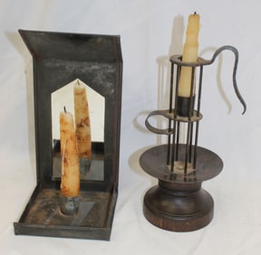 Lot of 2 antique style hand held candle holders - 10 1/2" & 9" tall
