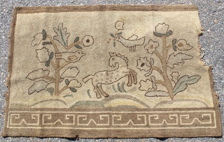 Antique hooked rug w horse, birds, flowers & trees - as found - 28"x42"