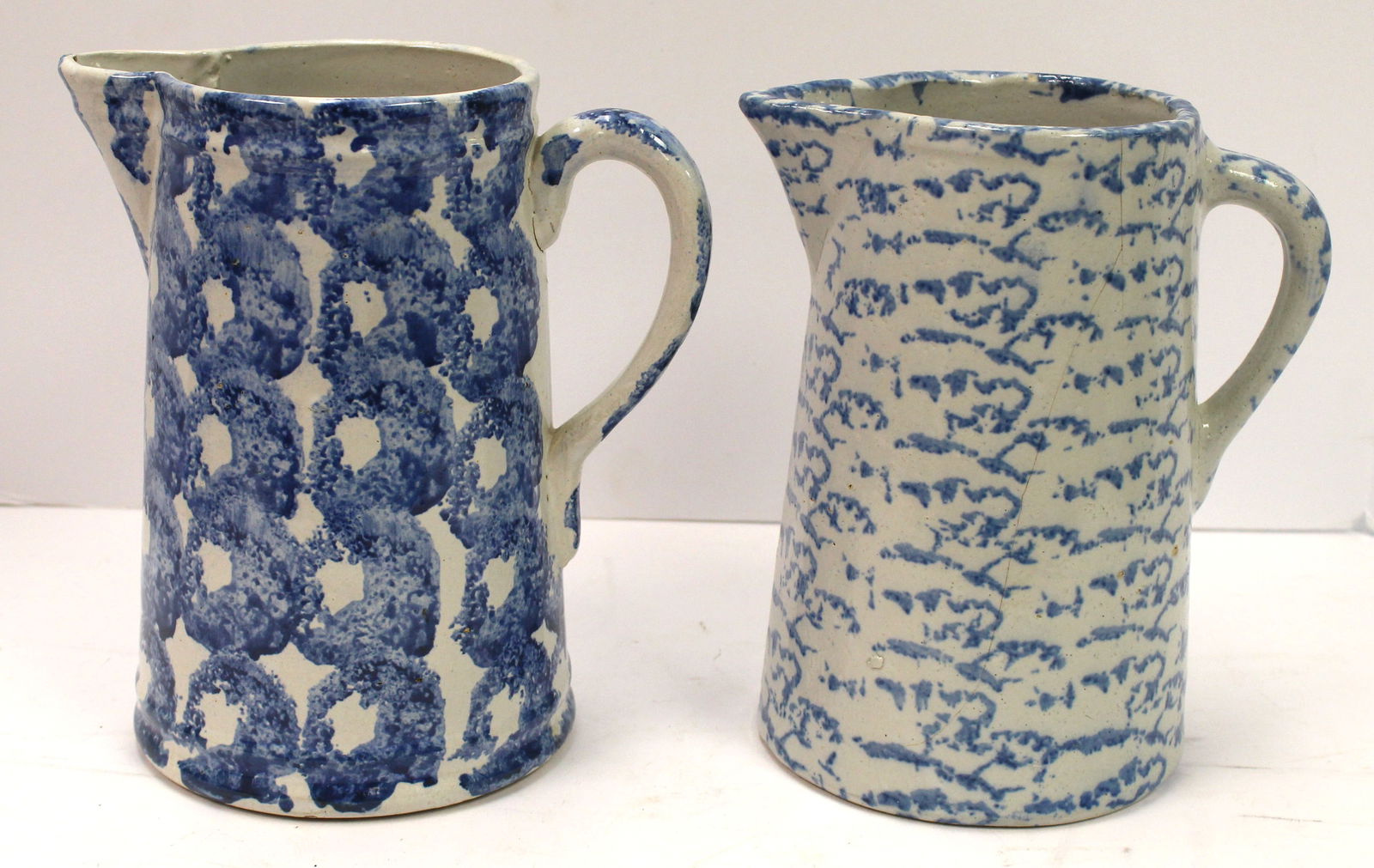 Lot of 2 antique spongeware pitchers - 9" & 9 1/2" tall (1 of 7)