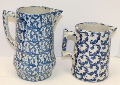 Lot of 2 antique spongeware pitchers - 9" & 7" tall