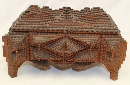 Tramp Art carved wood trinket box - 5 1/2" tall x 10 1/2"x7 1/2"