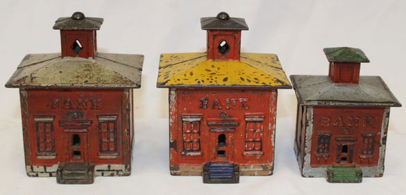 Lot of 3 cast iron building still banks - 3 1/2" - 4" tall